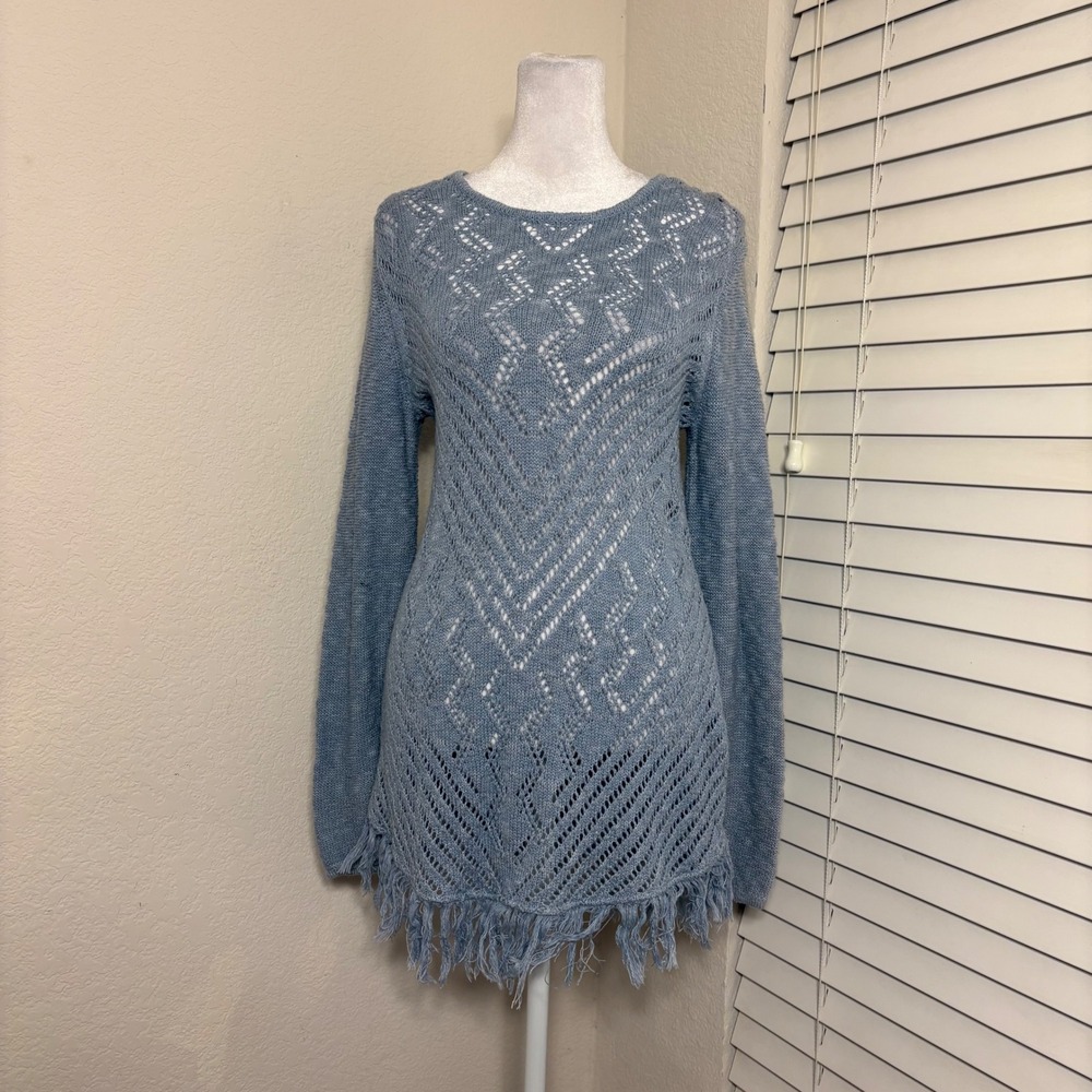 Indie Blue Lace knit Pointelle Fringe Hem Knit Sweater Tunic Long Sleeve Size‎ S